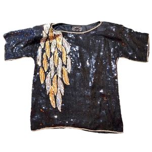 Black Sequin Embellished Blouse with Graphic Design
